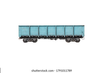Blue metallic goods wagon or freight wagon isolated on white. Unpowered railway vehicles that are used for the transportation of cargo.