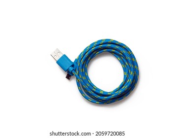 Blue micro usb cable on white background