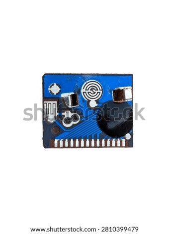 Blue Mini Circuit Board With Buzzer And Pins Isolated On White