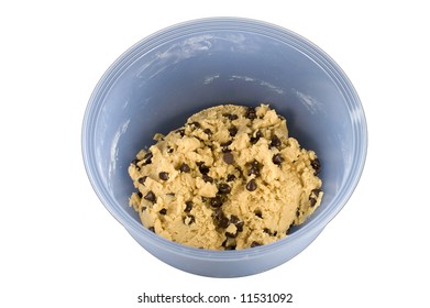 Blue Mixing Bowl With Chocolate Chip Cookie Dough Isolated On White