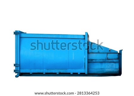 Blue mobile press container with integrated hydraulic compactor used for heavy-duty industrial waste volume reduction, isolated on white background