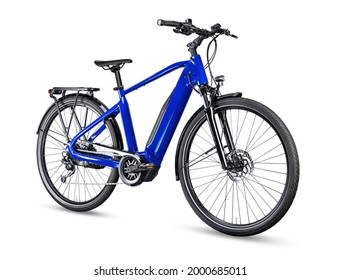 blue modern mens mid drive motor city touring or trekking e bike pedelec with electric engine middle mount. battery powered ebike isolated on white background. Innovation transportation concept.