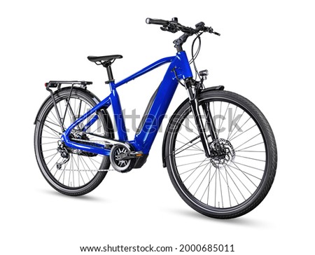 blue modern mens mid drive motor city touring or trekking e bike pedelec with electric engine middle mount. battery powered ebike isolated on white background. Innovation transportation concept.