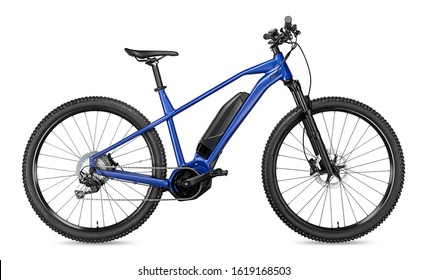 blue modern mid drive motor e bike pedelec with electric engine middle mount. battery powered ebike isolated on white background. Innovation transportation concept.