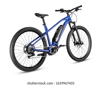 Blue Modern Mid Drive Motor E Bike Pedelec With Electric Engine Middle Mount. Battery Powered Ebike Isolated On White Background. Innovation Transportation Concept.