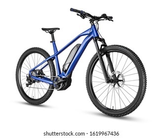 blue modern mid drive motor e bike pedelec with electric engine middle mount. battery powered ebike isolated on white background. Innovation transportation concept.