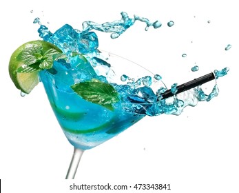 Blue Mojito Cocktail In Martini Glass Splash