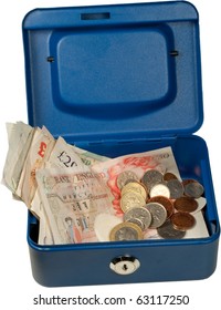 Blue Money Box Isolated With Uk Currency