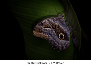 Blue morpho butterfly (Morpho peleides) resting on leaf at night, Costa Rica - Powered by Shutterstock