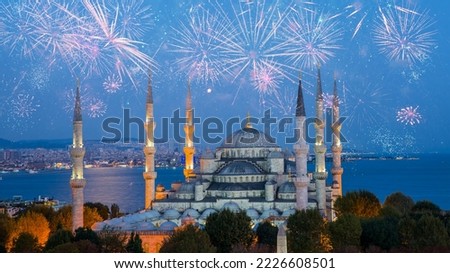 The Blue Mosque with fireworks -  Istanbul, Turkey. Sultanahmet Camii.