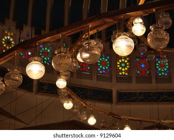 Blue Mosque Interior, Jordan. Islamic designed lights and windows.