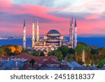 The Blue Mosque or Sultan Ahmet Mosque of Istanbul, colorful sunset view, Turkey