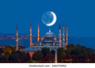 The Blue Mosque, (Sultanahmet) with super moon  - Istanbul, Turkey "Elements of this image furnished by NASA "