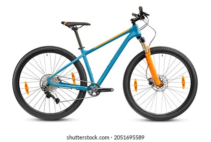 Blue Mountain Bike Isolated On White. Brand New Cross Country Bike With 29 Inches Wheels For Offroad Riding.