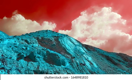 Blue Mountain Scape Against Red Sky Background