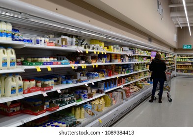 Blue Mountains, New South Wales, Australia. May 2018. The Dairy Aisle At Coles Supermarket At Katoomba In The Blue Mounbains.