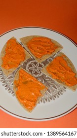 Blue Mountains, New South Wales, Australia. May 2019. Roasted Capsicum Dip Served On Roti Bread.