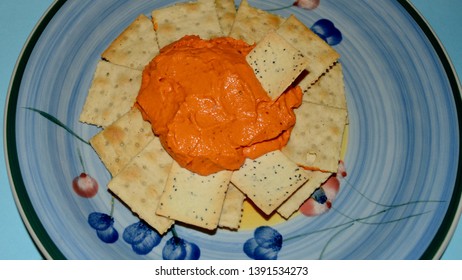 Blue Mountains, New South Wales, Australia. May 2019. Roasted Capsicum Dip On A Bed Of Crackers.