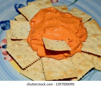 Blue Mountains, New South Wales, Australia. May 2019. Roasted Capsicum Dip On A Bed Of Cracker Biscuits. 