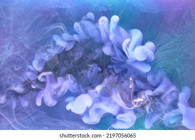 Blue Multicolored Smoke Abstract Background, Acrylic Paint Underwater Explosion