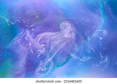 Blue Multicolored Smoke Abstract Background, Acrylic Paint Underwater Explosion