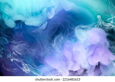 Blue Multicolored Smoke Abstract Background, Acrylic Paint Underwater Explosion