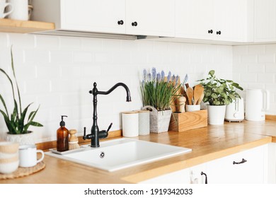 Blaue Muschelblume auf weißem, modernen Küchenskandinavischem Stil. Frühlingsdekoration Öko-Küche