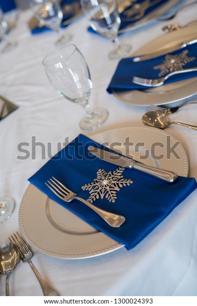 Blue Napkins Silver Snowflake Used Decorate Royalty Free Stock Image