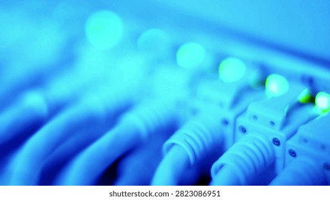 Blue network cables connect within a server rack, illuminated by bright green blinking lights.