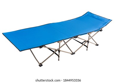 Blue New Cot For Camping Or Travel, On White Background, Isolate