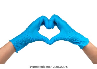 Blue Nitrile Medical Gloves Heart On Hands Isolated On The White