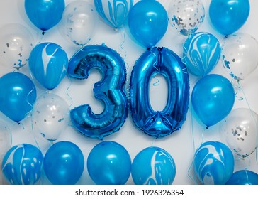 Blue Number 30 Celebration Foil Balloons With Helium Balloons On White Background. Party Decoration For Happy Birthday Celebration.