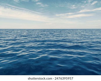 Blue Ocean, Water Surface and Blue Sky