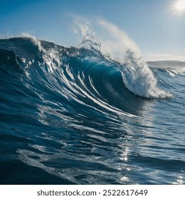 The blue ocean waves gently roll onto the shore, their rhythmic motion creating a soothing melody. Each wave glistens under the sunlight, reflecting shades of turquoise and deep navy. As they lap soft - Powered by Shutterstock