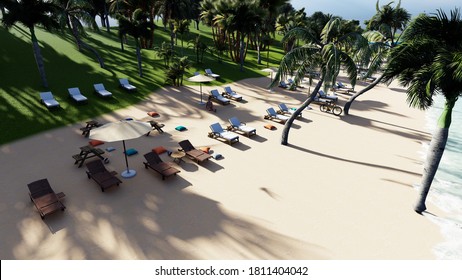 Blue Ocean Wood Sand Beach Nature Tropical Palms Dubai Beach Top View. Caribbean Sea And Sky.  Small Wild Beach Chairs. Landscape Dubai. Palms Turquoise Sea Background Atlantic Ocean. 4K.