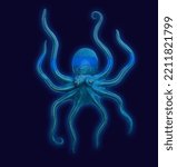 Blue octopus on dark blue background .Symbol of sea monster .International Octopus Day