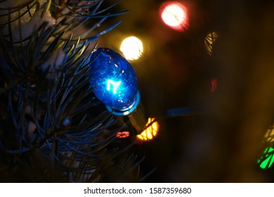 Blue Old Fashioned Christmas Light Bulb Strung On Snowy Tree Branches At Night With Bokeh Lights In Background