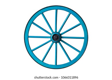 Blue Old Wooden Wheel Isolated On White Background