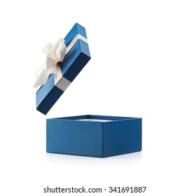 Blue Open Gift Box With White Bow Isolated On White