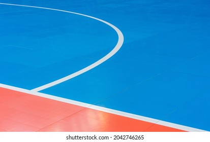 Blue And Orange Floor Volleyball, Basketball, Badminton, Futsal, Handball Court. Wooden Floor Of Sports Hall With Marking Lines Line On Wooden Floor Indoor, Gym Court