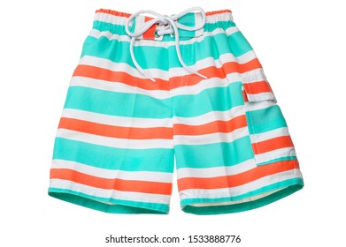 Blue And Orange Striped Swim Trunks On White Background