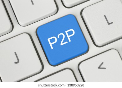 Blue P2P (Peer to Peer) button on keyboard close-up 