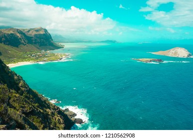 Blue Pacific Ocean Coast From Mountain in Hawaii