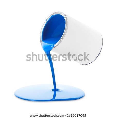 Blue paint flowing down from can on white background