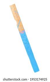 Blue Paint On Used Stir Stick. Vertical Shot Isolated On White.