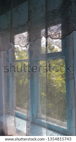 Blue painted window frame behind vintage transparent tulle curtain in bright sunlight with green leaves background. Granny's cozy home. Retro interior. 