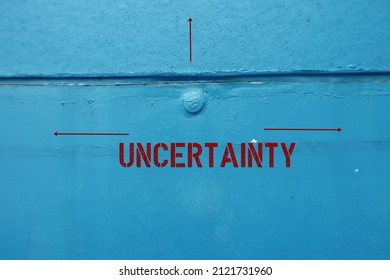 Blue Painting Wall With Text And Multi - Directions To UNCERTAINTY, Means Lacking Of Certainty Or Sureness Of Event, Stuggling To Survive In Age Of Uncertainty After Pandemic