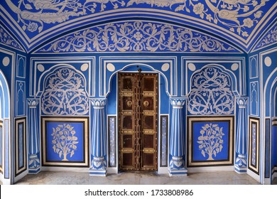 The Blue Palace in Chandra Mahal are beautifully adorned with blue and white coloured rooms in city palace jaipur, rajasthan, india April 2018. This room was used to enjoy the monsoon rain.