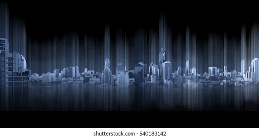 Blue Panoramic City On Black Background, Technology City Connection