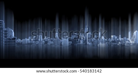 Blue panoramic city on black background, technology city connection